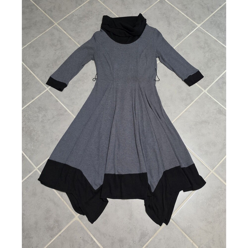 Signature Robbie Bee Womens Grey Black Ribbed Knit Cowl Neck Asymmetric Dress S